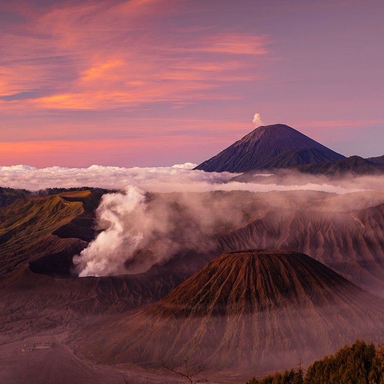 Sunrise over Mount Bromo, part of the Tengger massif, in East Java, Indonesia