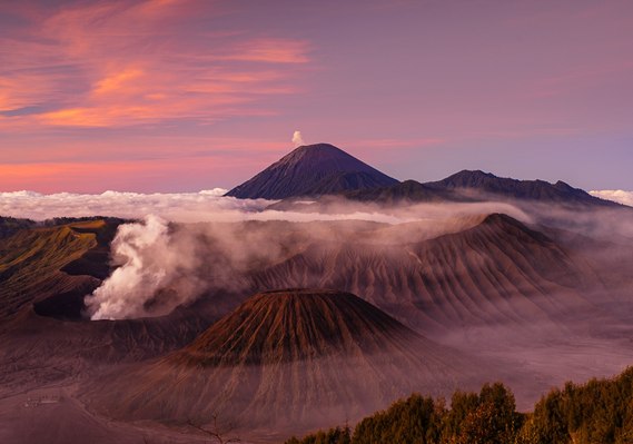 Sunrise over Mount Bromo, part of the Tengger massif, in East Java, Indonesia.