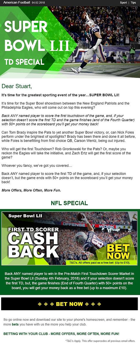 This image shows the top and bottom images displaying a First Touchdown Cash Back promotional offer. 

The text within the image, details the upcoming Super Bowl LII event and explains the benefits of the promotional offer itself.