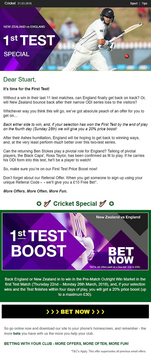 This image shows the top and bottom images displaying a 1st Test Boost promotional offer. 

The text within the image, details the upcoming cricket event and explains the benefits of the promotional offer itself.