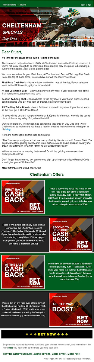 This image shows the top and bottom images displaying multiple promotional offers for the upcoming Cheltenham Festival.

The text within the image, details the upcoming Cheltenham Festival event and explains the benefits of the promotional offer itself.