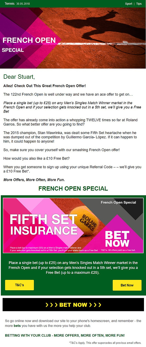 This image shows the top and bottom images displaying a Fifth Set Insurance promotional offer. 

The text within the image, details the upcoming French Open event and explains the benefits of the promotional offer itself.