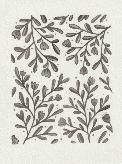 A stylised ink drawing of leaves and flowers in a pattern.
