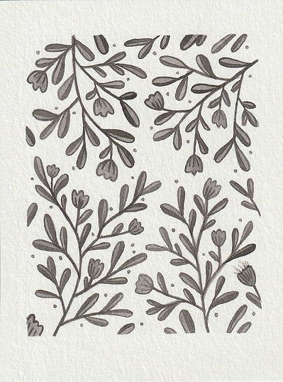 A stylised ink drawing of leaves and flowers in a pattern.