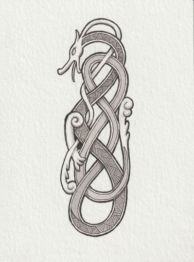 Ink drawing of an original celtic/viking knot with dragon details.
