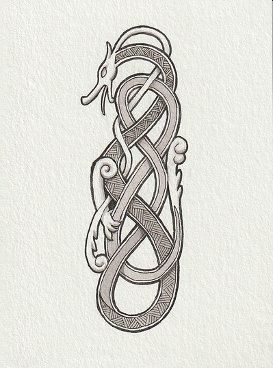 Ink drawing of an original celtic/viking knot with dragon details.