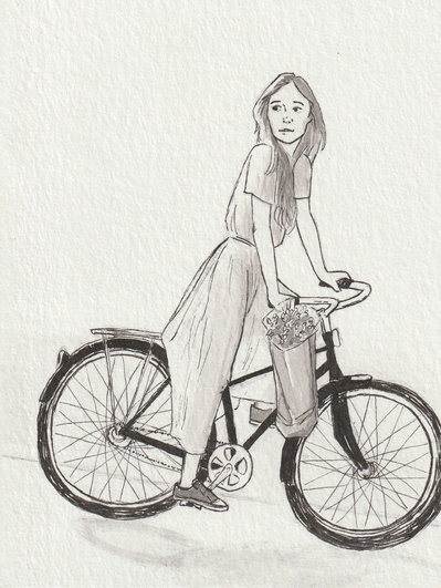 Ink drawing of a white woman riding a bicycle. She has long hair and is looking to the side. She is wearing a dress and casual sneakers. There is a bag full of flowers hanging from the handlebars.