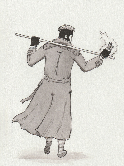 Ink drawing of the character Gambit from X-Men. He (white man) is walking away from the viewer and has a long coat. He has his staff across his shoulders and his right hand is holding cards that are on fire.