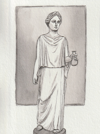 Ink drawing of a roman statue of a woman. She is standing and holding a small bottle in her left hand. She is dressed in a robe and is standing on a pedestal.