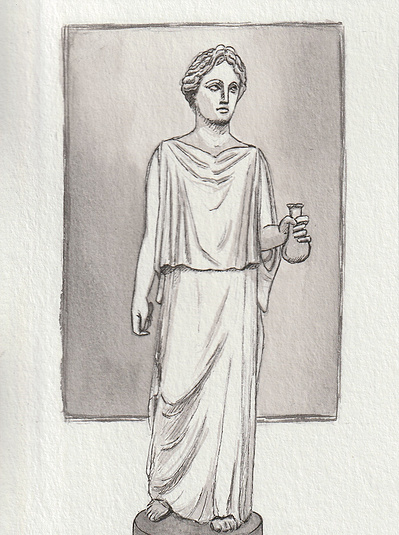 Ink drawing of a roman statue of a woman. She is standing and holding a small bottle in her left hand. She is dressed in a robe and is standing on a pedestal.
