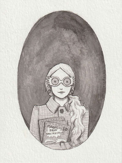 Ink drawing of Luna Lovegood (a white female) from Harry Potter. She is wearing round quirky glasses and holding to some magazines to her chest. She has long hair flowing over her shoulder and she is wearing a jacket with a checker pattern.