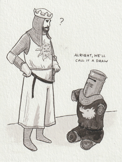 Ink drawing of a scene from Monty Python and the Holy Grail movie. A knight (white man) is standing and looking down puzzled at another knight, dressed in black, whose arms and legs are stumps.