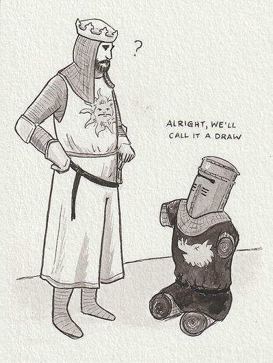 Ink drawing of a scene from Monty Python and the Holy Grail movie. A knight (white man) is standing and looking down puzzled at another knight, dressed in black, whose arms and legs are stumps.