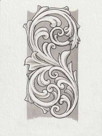Ink drawing of an original filament design. There are leaves woven into the design. 