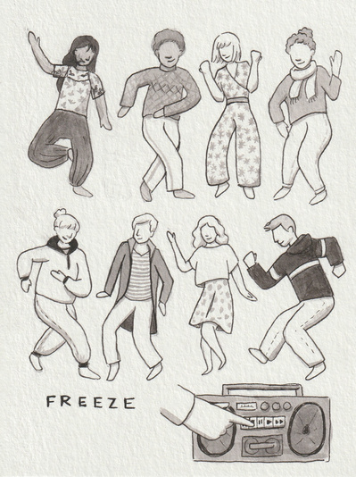 Ink drawing of 8 different people frozen in different dancing poses. At the bottom there is drawing of a stereo and a hand pressing the stop button.