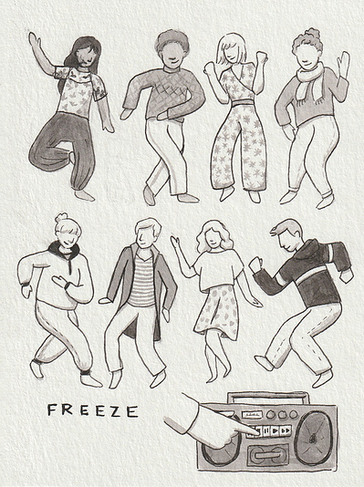 Ink drawing of 8 different people frozen in different dancing poses. At the bottom there is drawing of a stereo and a hand pressing the stop button.