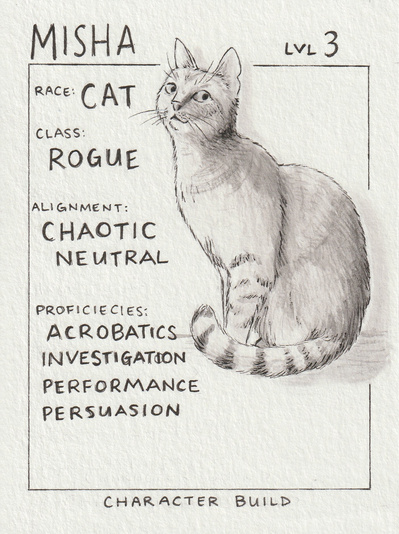 Ink drawing of a cat sitting up with her tail wrapped around her feet. There is text listing the cat's level, class, alignment and proficiencies, as if she is a dungeons and dragons' character.