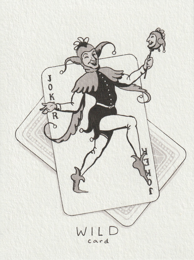 Ink drawing of a white man dressed as a jester coming out of some cards.