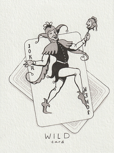 Ink drawing of a white man dressed as a jester coming out of some cards.