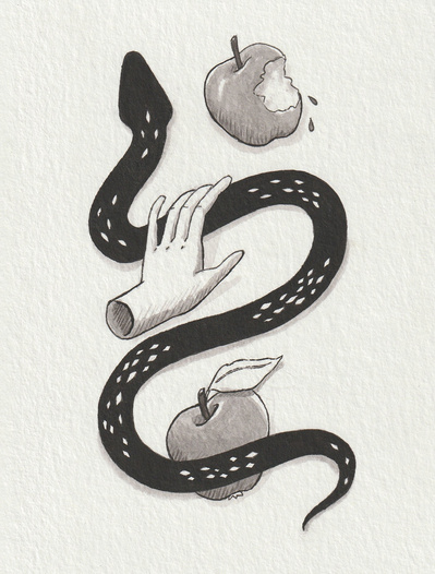 Ink drawing with a black snake slithering up the page. There is a disembodied hand floating over it. There is 2 apples, one of them has a bite taken out of it.