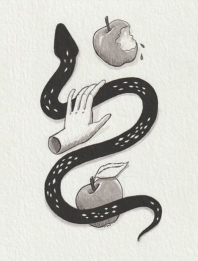 Ink drawing with a black snake slithering up the page. There is a disembodied hand floating over it. There is 2 apples, one of them has a bite taken out of it.