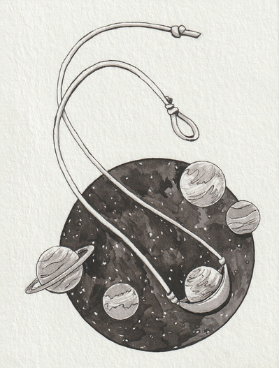 Ink drawing of 5 different planets. One is notched into cord sling shot.