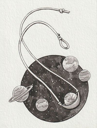 Ink drawing of 5 different planets. One is notched into cord sling shot.