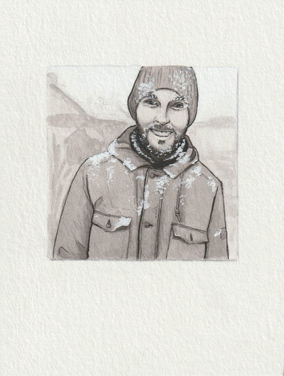 Ink drawing of a photo. A white man is dressed in winter clothes, smiling at the viewer. He has a beard and there is snow scattered on his jacket, hat, and face.