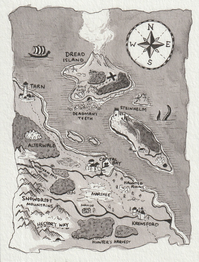 Ink drawing of a fantasy map. It has a coast line with 2 islands. There are forests, rivers, and towns on the map.