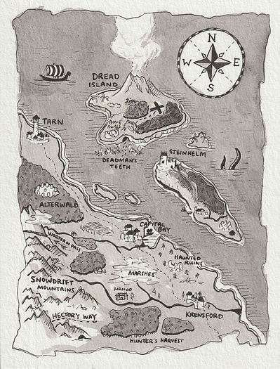 Ink drawing of a fantasy map. It has a coast line with 2 islands. There are forests, rivers, and towns on the map.