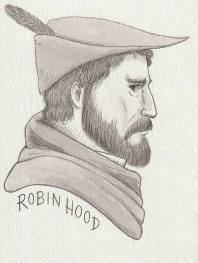 Ink drawing of a white bearded man dressed as Robin Hood in side profile. He has a feather in his cap. He looks rugged.