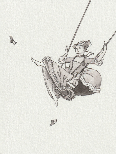 Ink drawing satire verison of the painting "The Swing" by Jean-Honore Fragonard. The white woman is instead looking cheekily at the viewer and giving the middle finger on both hands