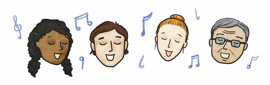 An illustration of four different people singing with their eyes closed. We just see their heads, and they vary in race, gender, and age. There are music notes floating in the air around them.