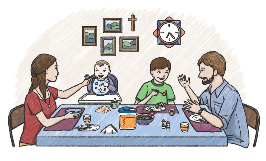 Illustration of a white heterosexual family sitting down to dinner. The mother is sitting on the left and spoon feeding a baby sitting in a highchair. The father is sitting on the right and is talking with the boy. There are decorations on the wall.