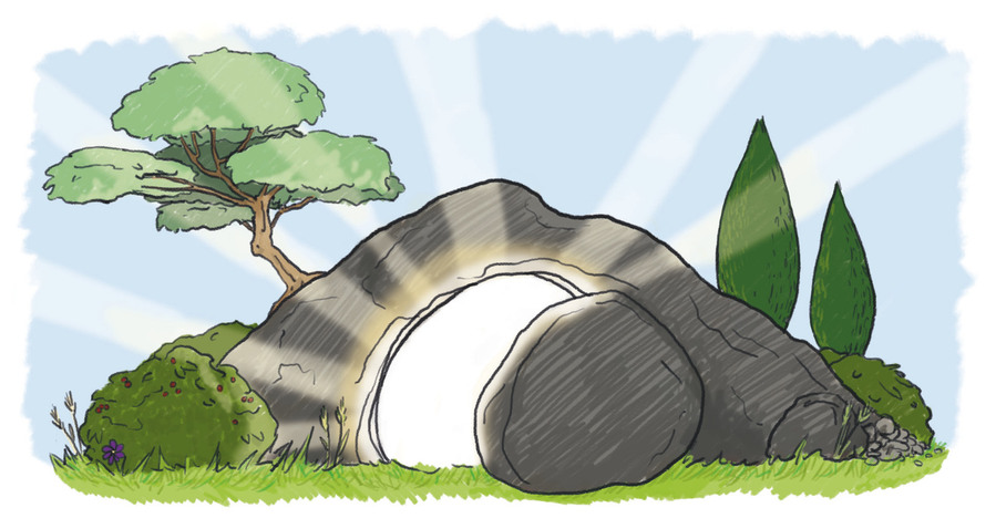 Illustration of a cave with a large stone door that has been rolled away. The inside of the cave is emitting bright light. There is a tree growing on top of the cave and more behind.