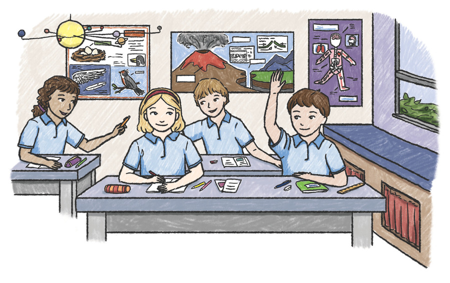 Illustration of four children in a classroom. They are all wearing blue uniform shirts and there are two boys and two girls. One girl has dark skin, the rest of the children have white skin. The wall at the back of the classroom has educational posters.