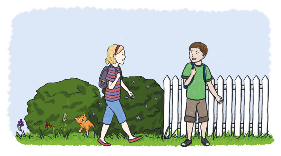 Illustration of a white girl and boy walking with backpacks on. They are walking next to a bush and a white picket fence. There is a ginger cat peering out of the bushes.
