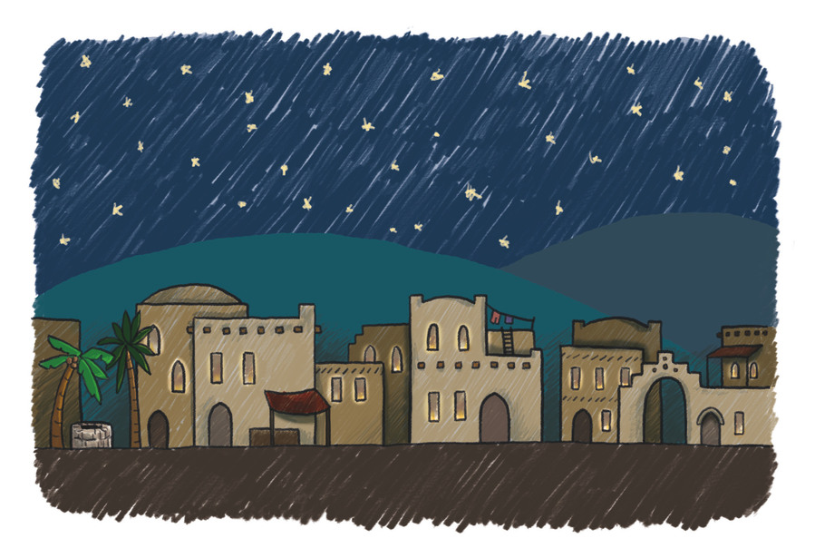 Illustration of a old city with clay buildings at night. There are candle light shining through the windows.