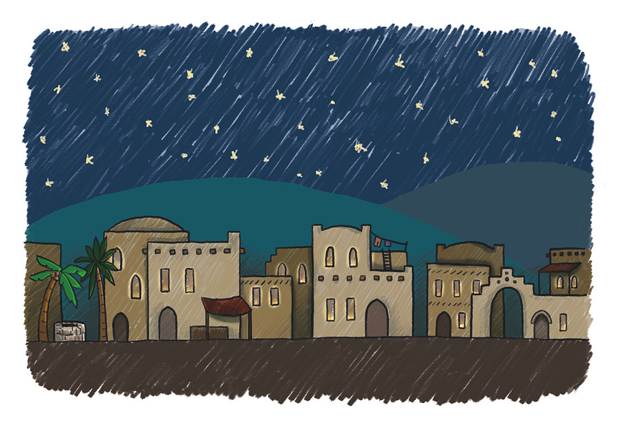 Illustration of a old city with clay buildings at night. There are candle light shining through the windows.
