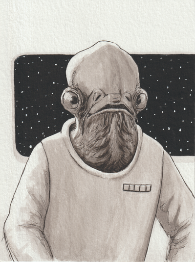 Ink drawing of the character Admiral Ackbar from Star Wars. He is a humanoid alien with a fish like face. He is wearing a white long sleeve top and is sitting in front of a window that shows space and stars outside.