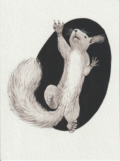 Ink drawing of squirrel jumping into the air while reaching for something. There is a dark circle background behind it.