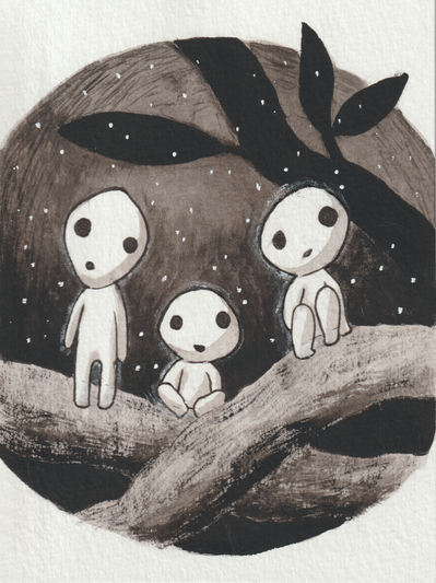 Ink drawing of three forest spirits from the movie Princess Mononoke. They have white bodies and big heads with uneven eyes. They are sitting on some branches and the forest is dark around them.