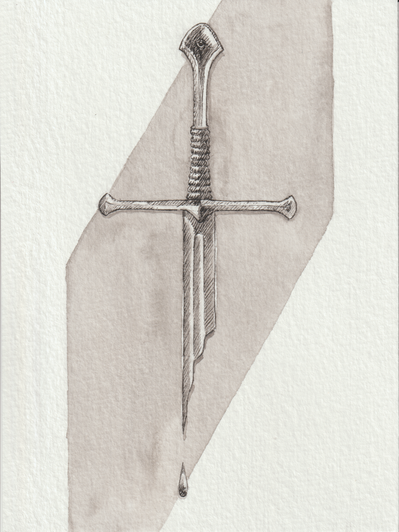 Ink drawing of the broken sword Narsil from JRR Tolkien's Lord of the Rings. The hilt is intact but the blade is broken into a point.