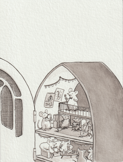 Ink drawing of the inside of a radio, except there is a little mouse party happening inside. There are multiple levels with a jazz band playing on the top floor. Underneath we can see mice sitting on couches drinking cocktails and other mice dancing.