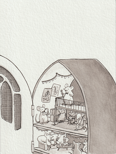 Ink drawing of the inside of a radio, except there is a little mouse party happening inside. There are multiple levels with a jazz band playing on the top floor. Underneath we can see mice sitting on couches drinking cocktails and other mice dancing.