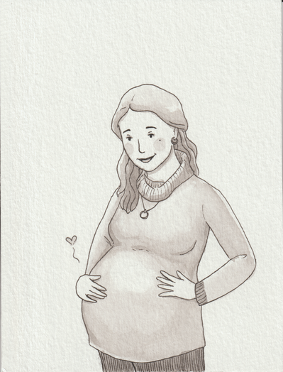 Ink drawing self portrait of a white pregnant woman. She has long hair, and is wearing a long sheeve shirt. She is looking down at her pregnant belly and smiling. One hand is rubbing her belly while the other is resting on the side.