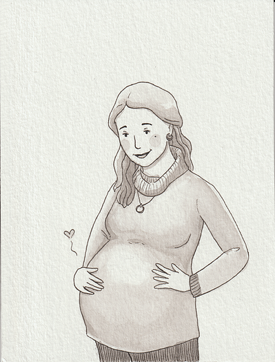 Ink drawing self portrait of a white pregnant woman. She has long hair, and is wearing a long sheeve shirt. She is looking down at her pregnant belly and smiling. One hand is rubbing her belly while the other is resting on the side.