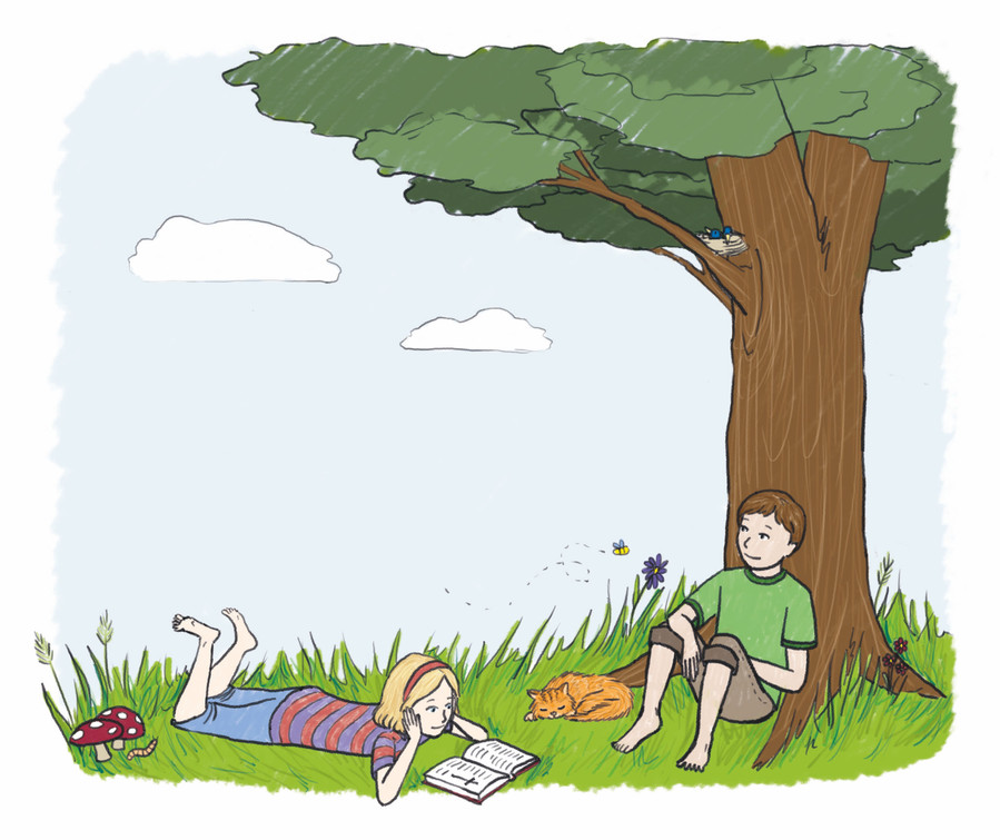 A white skinned boy and girl are sitting under a tree. The boy is leaning against the tree and the girl is laying on her tummy in the grass and reading a book. There is a ginger cat curled up next to the boy.