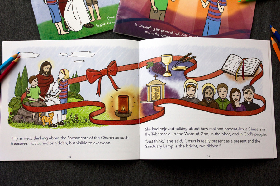 Book "Invisible Presence" open to a spread showing an illustration that covers both page. There is a red ribbon that flows through the illustration that shows different aspects of Catholic beliefs
