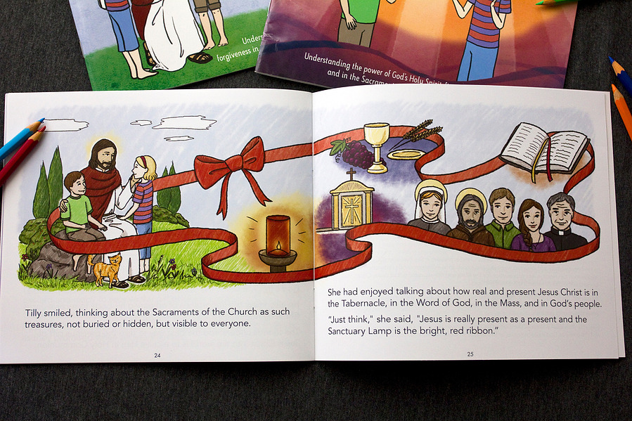 Book "Invisible Presence" open to a spread showing an illustration that covers both page. There is a red ribbon that flows through the illustration that shows different aspects of Catholic beliefs